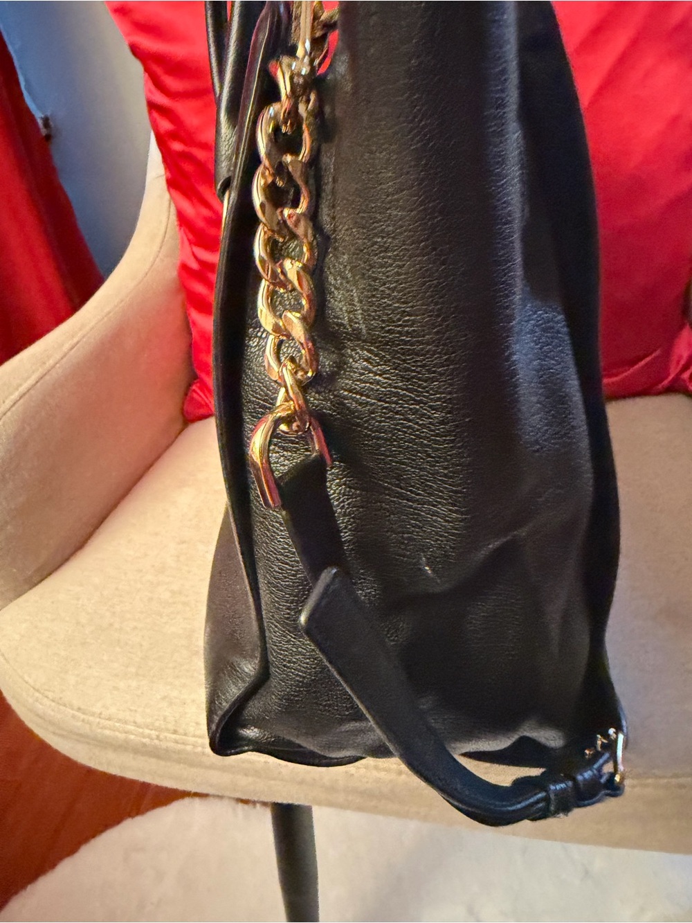 Michael Kors Black Leather Satchel with Gold Hardware and Chain Strap - Picture 4 of 9